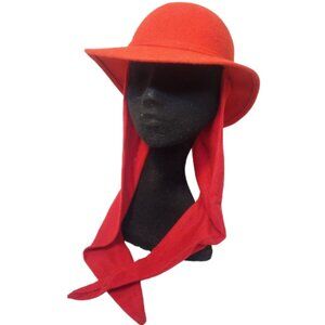 Vintage Red Virgin Wool Felt Cloche Flapper Fedora Hat Neck Scarf USA